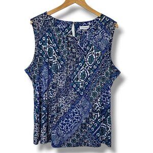 Calvin Klein Sleeveless Blouse Size 2X Shell Top Blue White Floral Stretch Work